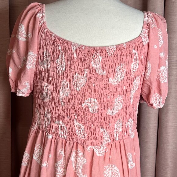PatPat Pink Boho Paisley Midi Dress XL Short Puff Sleeves V-Neck 100% Viscose Ru - Picture 10 of 16
